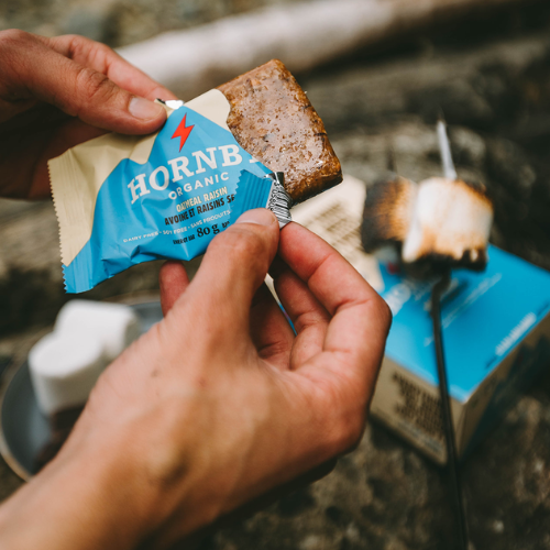 Hand holding a Hornby organic protein bar with a blurred background of a campfire scene.