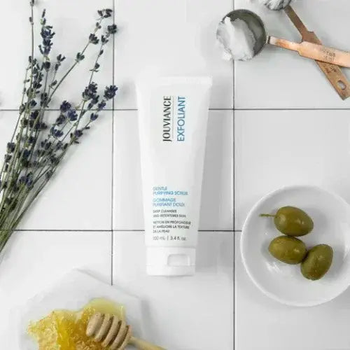 Jouviance Gentle Purifying Scrub Exfoliant with honey, olives, and lavender – Canadian skincare for smooth, radiant skin