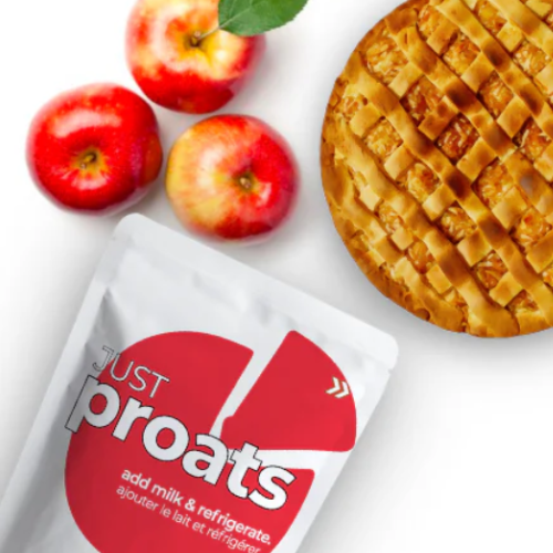 Just Proats package with apples and a pie on a white background