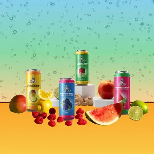 Assorted cans of a kirk's probiotic soda beverage with fruits on a gradient background