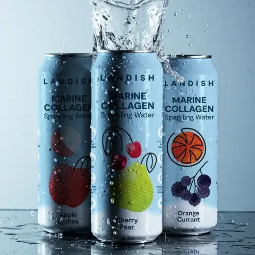Three cans of Landish Marine Collagen Sparkling Water with fruit illustrations on a water splash background.