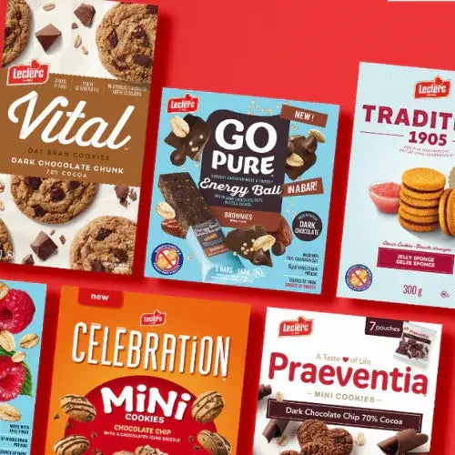 Collection of Leclerc cookie packages on a red background
