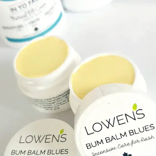 Open containers of Lowens Bum Balm Blues – Natural rash care product from Canadian-owned skincare brand Lowens