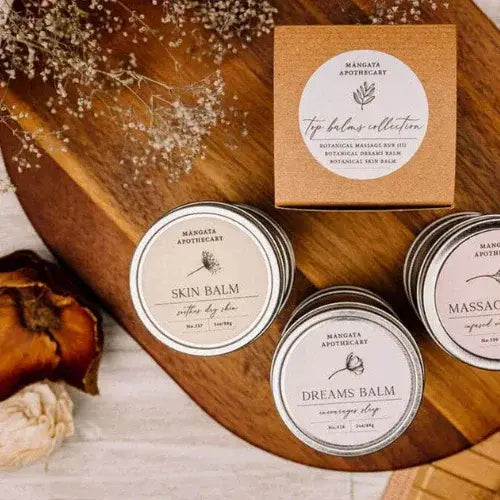 Natural skincare balms including skin, dreams, and massage balm from Canadian-owned Mangata Apothecary