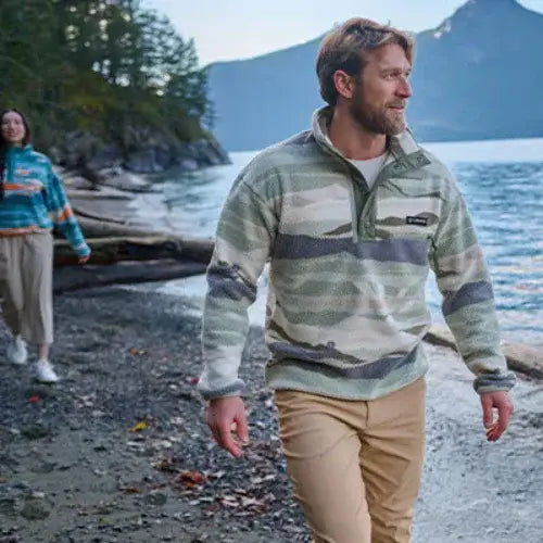 Man wearing Mark’s camo fleece pullover hiking by a lake, outdoor fall fashion in Canada