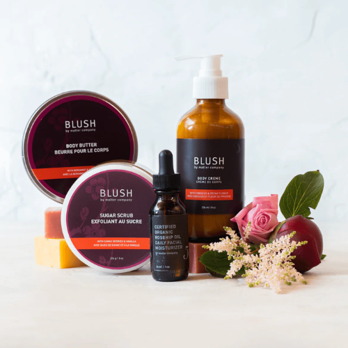 Various Matter Company blush skincare products arranged on a white background