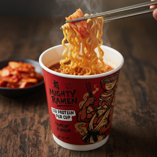 Cup of Mighty Ramen with noodles being lifted by chopsticks, bowl of kimchi in the background.