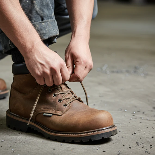 Person tying the laces of a brown boot on a concrete floor.