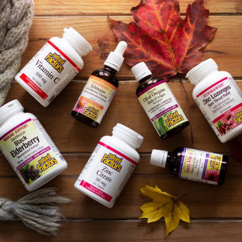 Various supplement bottles on a wooden surface with autumn leaves.