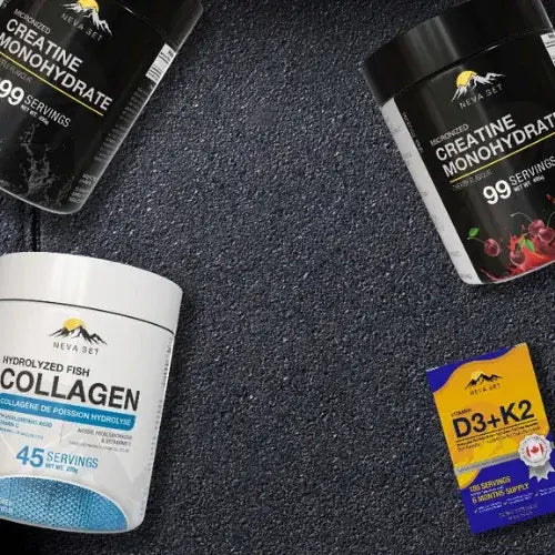 Neva Set supplement containers on a dark surface
