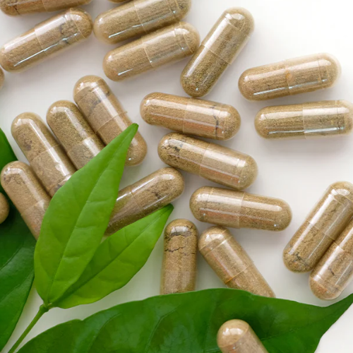 Brown capsules with green leaves on a white background