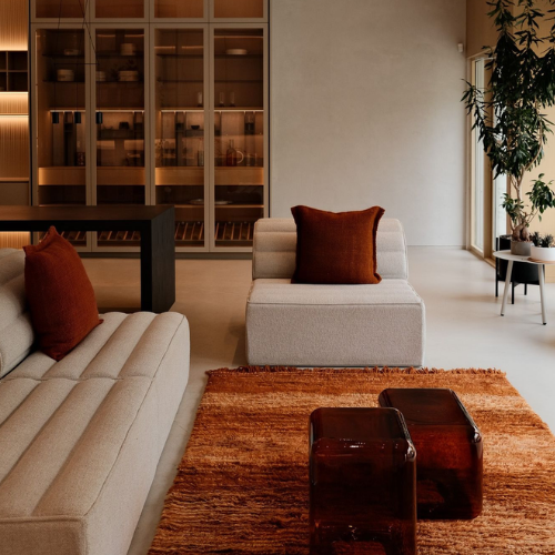 Modern living room with beige sofa, brown ottomans, and a rug.