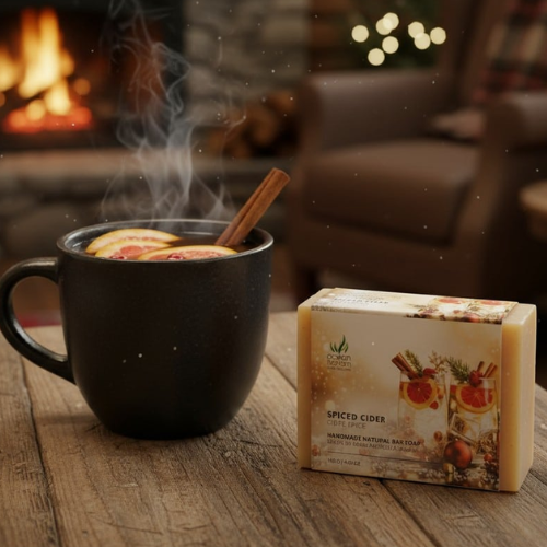 cup of tean and bar of spiced cider soap on a dark wooden background