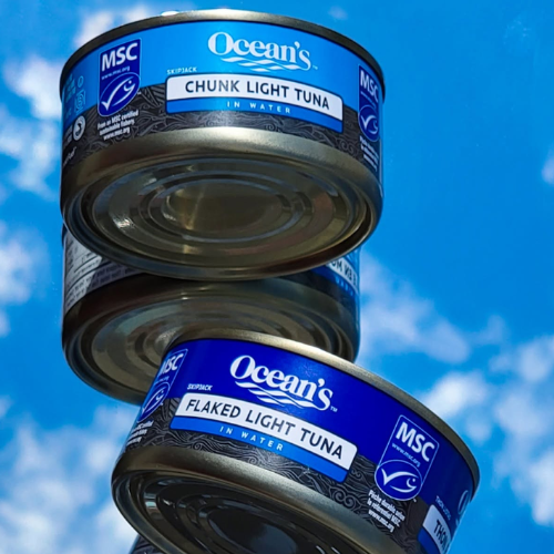 Three stacked cans of Ocean's Chunk Light Tuna in Water, with the front can showing 'Flaked Light Tuna' on a blue label, set against a bright blue sky with white clouds.