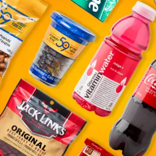 A collage of various consumer packaged goods sold at On the Run on a bright yellow background, including a bottle of vitamin water, a bag of Jack Links, a tub of gummy bears, and a soda bottle.