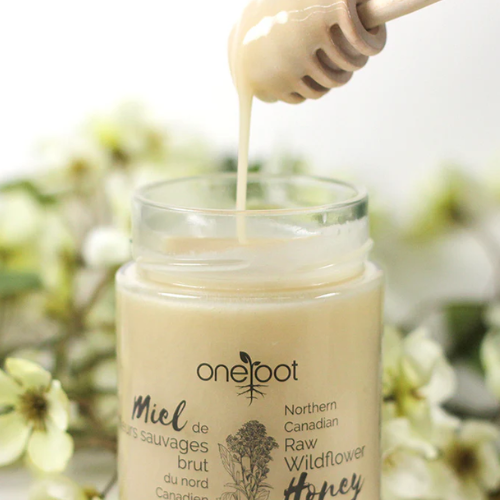 Honey drizzling from a dipper into a jar of OneRoot Northern Canadian raw wildflower honey