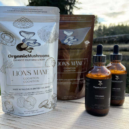 Organic Mushrooms Lion's Mane products including packaging and bottles on a wooden surface with a natural background.