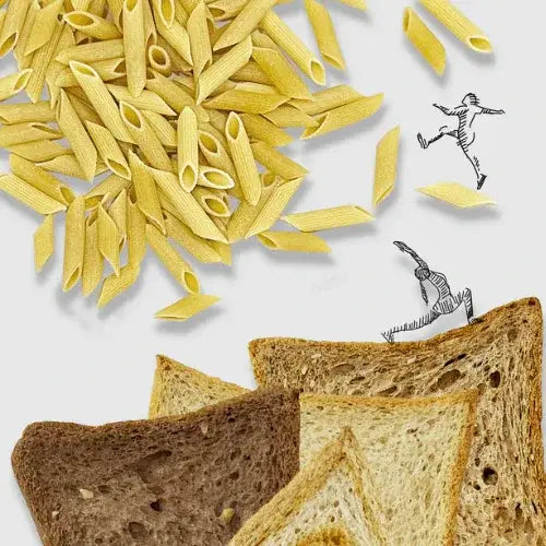 Pasta and slices of bread on a white background with small illustrations.