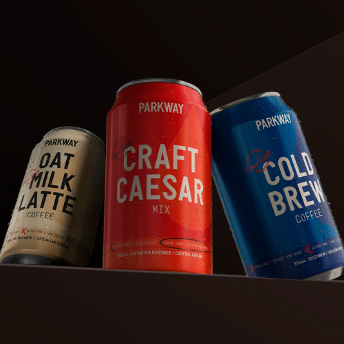 Three Parkway drink canisters in different flavors on a dark background