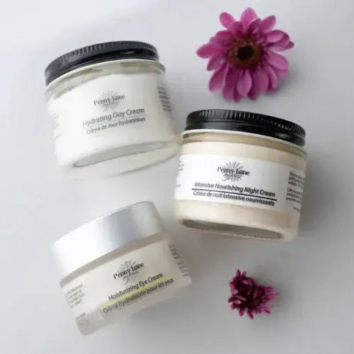 Hydrating day cream, nourishing night cream, and moisturizing eye cream from Canadian-owned Penny Lane Organics