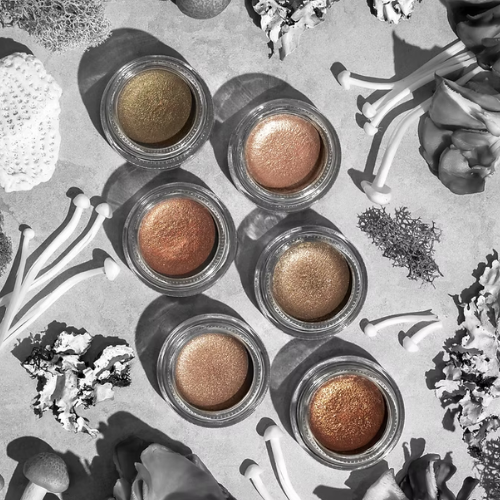 Set of six small makeup containers with bronze-coloured contents on a textured surface with decorative elements.