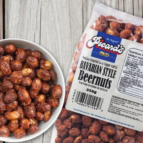 Bowl of Picard's Bavarian Style Beernuts next to its packaging on a wooden surface