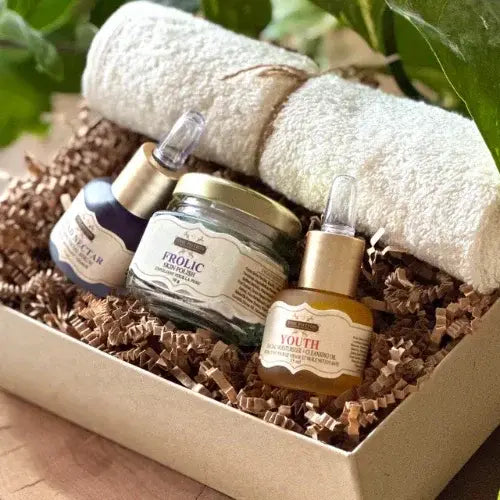 Skincare gift set with serum bottles and face cream from Canadian-owned Potion Masters apothecary brand