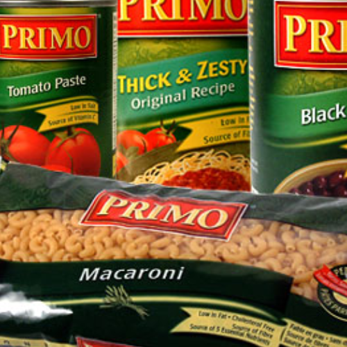 Primo pasta products including tomato paste, macaroni, and black beans.