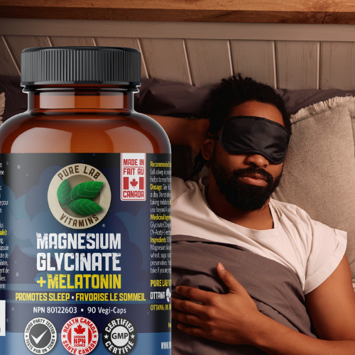 Bottle of Pure Lab Vitamins Magnesium Glycinate + Melatonin supplement next to a person wearing a sleep mask.