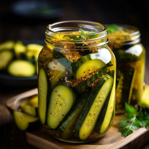 Jar of pickled cucumbers with mustard seeds on a wooden surface