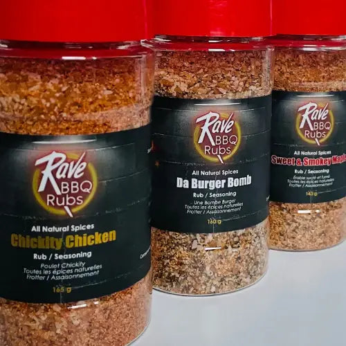Three jars of Rave BBQ Rubs with different seasoning types on a white background