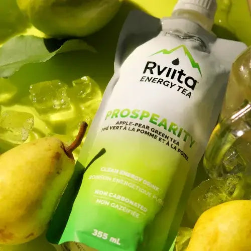 Rvita Energy TeaProsperity packaging with pears and ice cubes