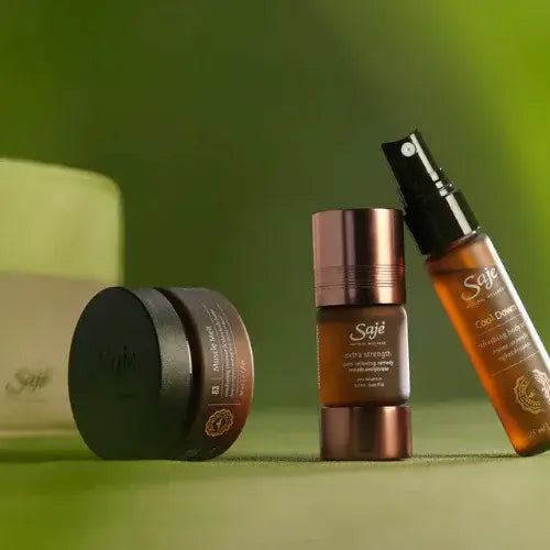 Saje Wellness natural essential oil remedies – Canadian-made products for pain relief, stress support, and cooling comfort with sleek amber packaging