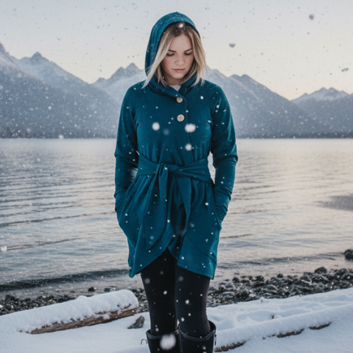 Woman in a teal coat standing in a snowy landscape with mountains in the background