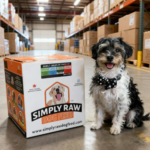Dog sitting next to a box of Simply Raw Dog Feed in a warehouse.
