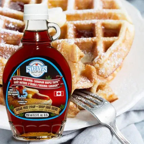 Bottle of Steeves Maple syrup with waffles on a plate