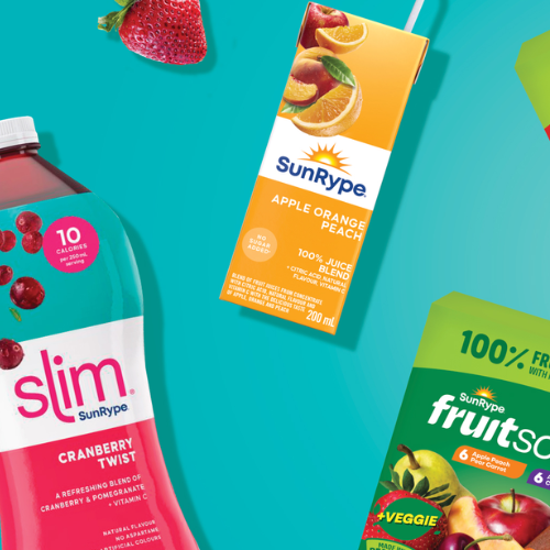 SunRype juice products including a cranberry twist bottle, apple orange peach box, and fruit snack package on a teal background.