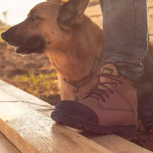 Person wearing tan BUCK’S work boots beside a dog on a construction site – Rugged Canadian-made safety footwear by TATRA