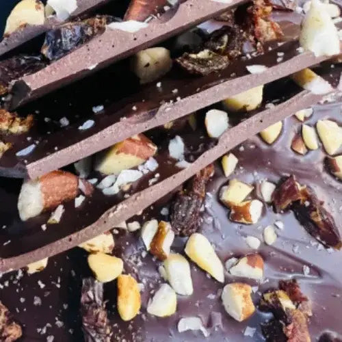 Close-up of chocolate bark with nuts and dried fruits