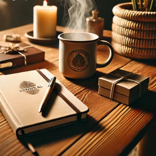 array of engraved items including a notebook and mug on a wooden table top with dark background