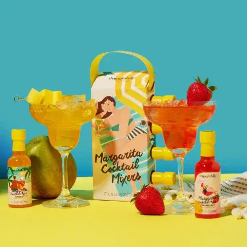 Margarita cocktail mixers with glasses, fruits, and bottles on a blue and yellow background