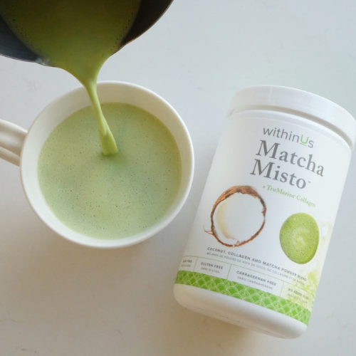 Matcha Misto product with a cup of matcha being poured into it on a light background