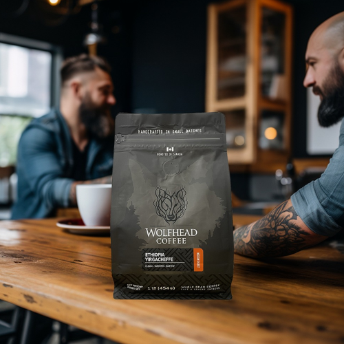 Wolfhead Coffee bag on a wooden table with two people in the background